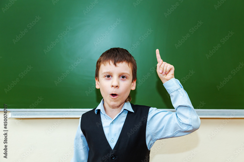 Funny schoolboy near the green school board in the classroom. Funny schoolboy near the green school board in the classroom.