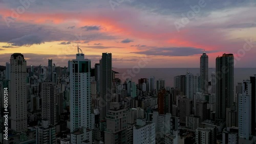 Aeral view of pink sunset above Balneário Camboriú, Brazil.