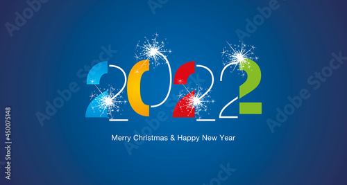 2022 Happy New Year modern black light typography sparkle firework colorful white blue vector greeting card