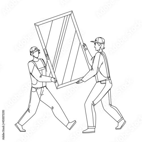 Pvc Window Carrying Men For Installing Black Line Pencil Drawing Vector. Construction Workmen Carefully Carry Pvc Window For Install Or Replacement. Characters Professional Occupation Illustration