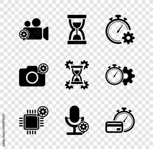 Set Video camera setting, Old hourglass with sand, Time management, Processor, Microphone and Fast payments icon. Vector