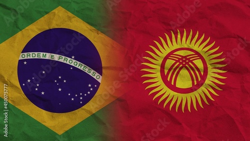 Kyrgyzstan and Brasil Flags Together, Crumpled Paper Effect Background 3D Illustration