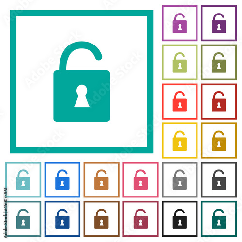 Unlocked padlock with keyhole flat color icons with quadrant frames