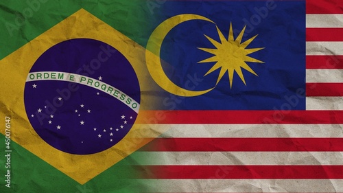 Malaysia and Brasil Flags Together, Crumpled Paper Effect Background 3D Illustration
