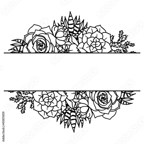 Hand Drawn Cactus frame. Horizontal botanical vector frame. Isolated on white background. Succulent border. Greenery. Floral Design. Perfect for Wedding invitations, cards, prints. 