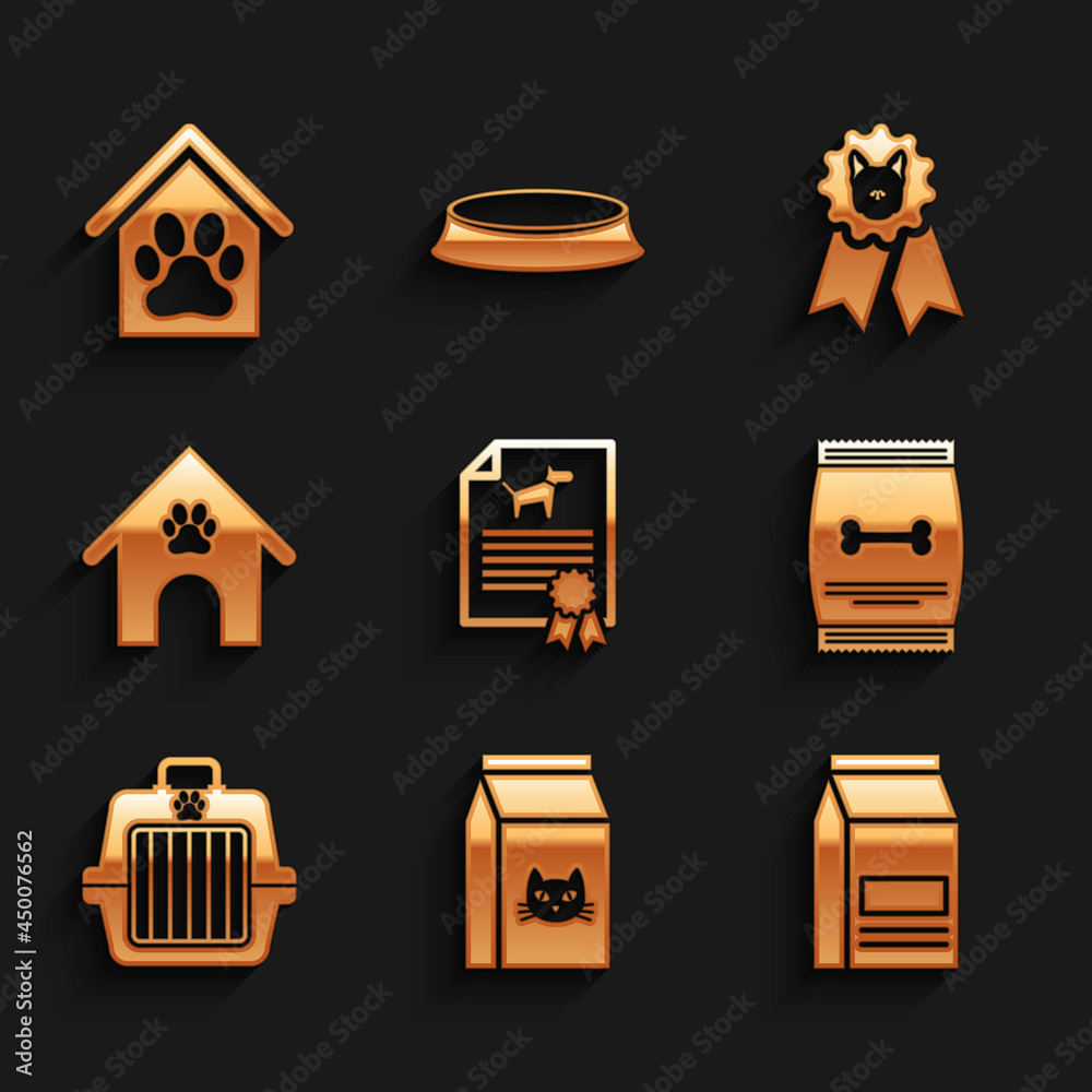 Set Certificate for dog or cat, Bag of food, , pet, Pet carry case and Dog house and paw print icon. Vector Set Certificate for dog or cat, Bag of food, , pet, Pet carry case and Dog house and paw print icon. Vector