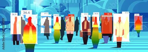 detecting elevated body temperature of businesspeople walking on city street checking by non-contact thermal ai camera