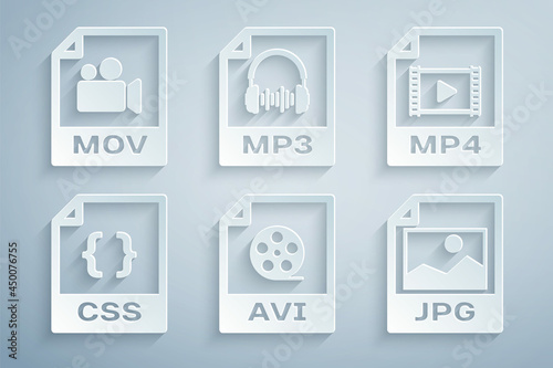 Set AVI file document, MP4, CSS, JPG, MP3 and MOV icon. Vector