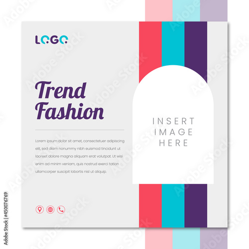 Editable minimal square banner template. Red, purple and blue background color with shape. Suitable for social media post and web ads.