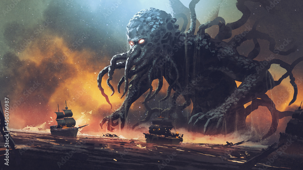 Naklejka premium Dark fantasy scene showing Cthulhu the giant sea monster destroying ships, digital art style, illustration painting