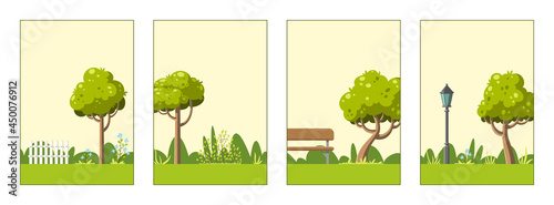 Vector set with different summer landscapes with trees, plants and space for texts. Background layer templates for banners, web, social media, flyers and other publications. (ID: 450076912)