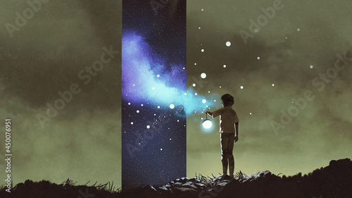 fantasy scene of the kid holding a lantern and looking at the stars-dimensional window, digital art style, illustration painting