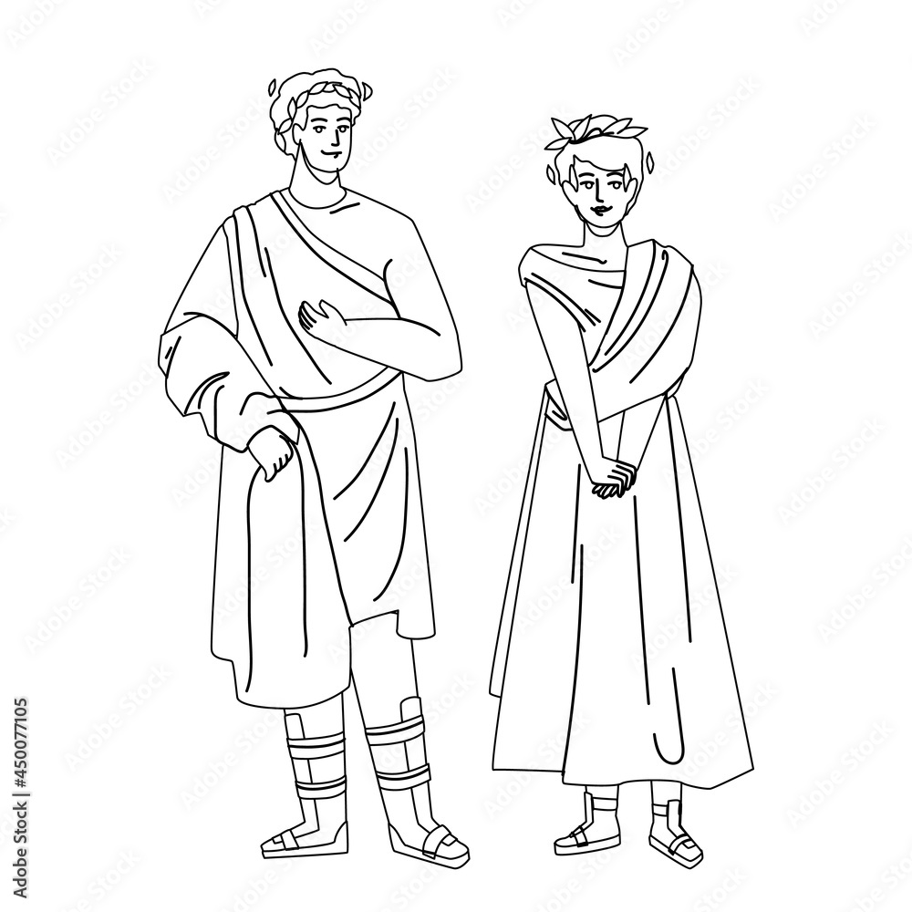 Roman Man And Woman In Traditional Clothes Black Line Pencil Drawing Vector. Roman Legionary And Citizen Lady Wearing National Clothing Staying Together. Rome People Boy And Girl Illustration Roman Man And Woman In Traditional Clothes Black Line Pencil Drawing Vector. Roman Legionary And Citizen Lady Wearing National Clothing Staying Together. Rome People Boy And Girl Illustration