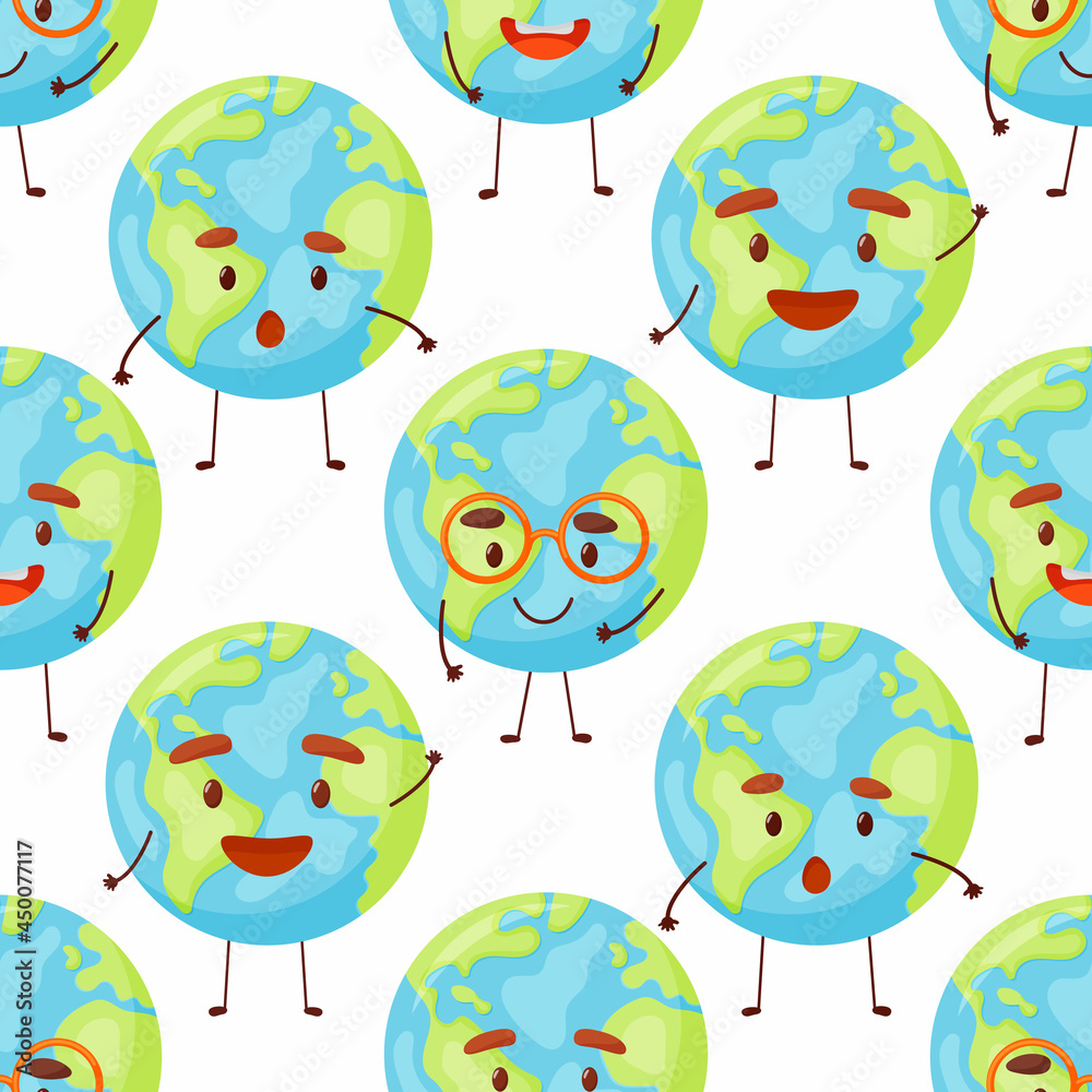 Seamless pattern with cute planet Earth characters with face. Kawaii globe. Funny celestial body. Hands hold our planet. Happy Earth Day, Earth Hour. Vector flat cartoon illustration Seamless pattern with cute planet Earth characters with face. Kawaii globe. Funny celestial body. Hands hold our planet. Happy Earth Day, Earth Hour. Vector flat cartoon illustration