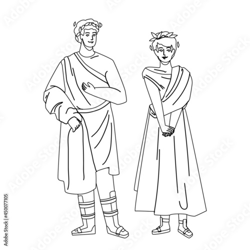 Roman Man And Woman In Traditional Clothes Black Line Pencil Drawing Vector. Roman Legionary And Citizen Lady Wearing National Clothing Staying Together. Rome People Boy And Girl Illustration