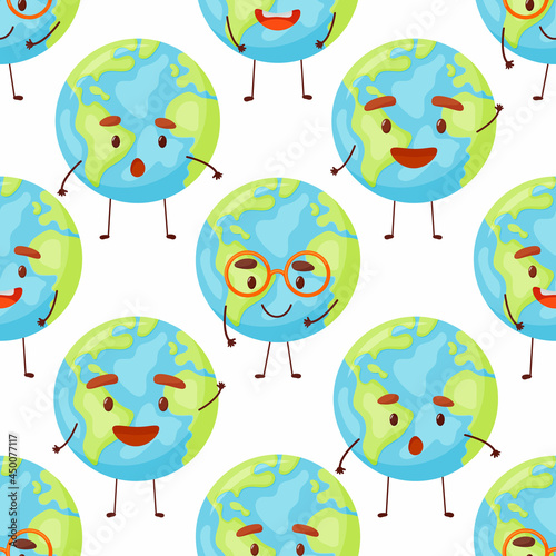 Seamless pattern with cute planet Earth characters with face. Kawaii globe. Funny celestial body. Hands hold our planet. Happy Earth Day, Earth Hour. Vector flat cartoon illustration