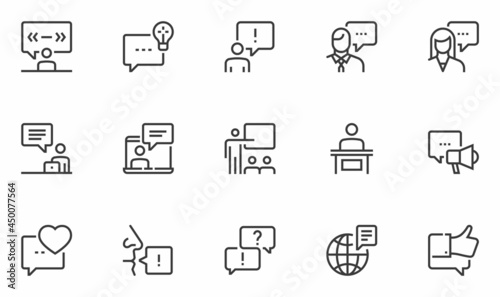 Set of Vector Line Icons Related to Presentation. Speech, Report, Meeting, Conference. Editable Stroke. 48x48 Pixel Perfect.