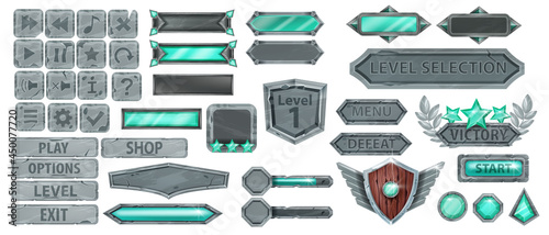 Stone game UI buttons set, vector rock frame kit, user interface sign board, menu panel icon on white. Fantasy medieval RPG elements, emerald gem, level shield, title, bar. Stone button collection