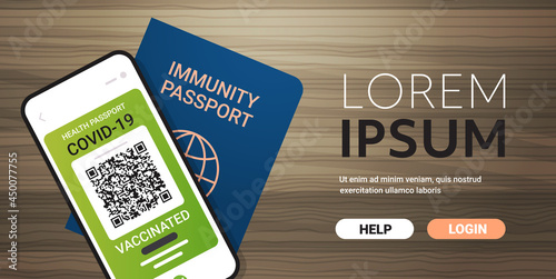 digital vaccinate certificate and global immunity passport on wooden table coronavirus immunity concept