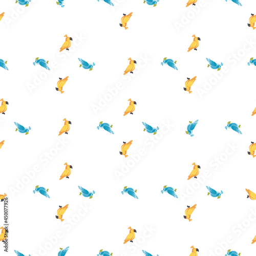 Isolated abstract seamless pattern with little green and yellow parrot shapes. White background.