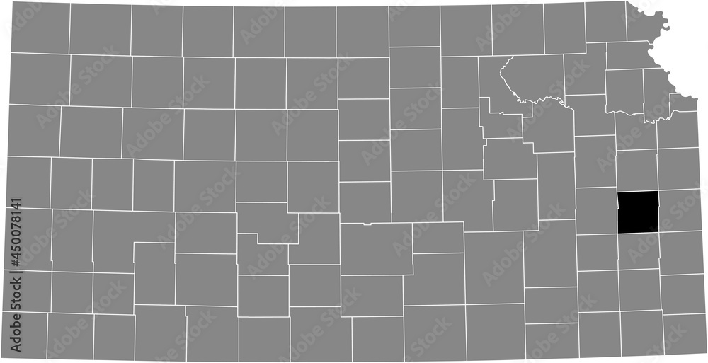 Black highlighted location map of the Anderson County inside gray map of the Federal State of Kansas, USA