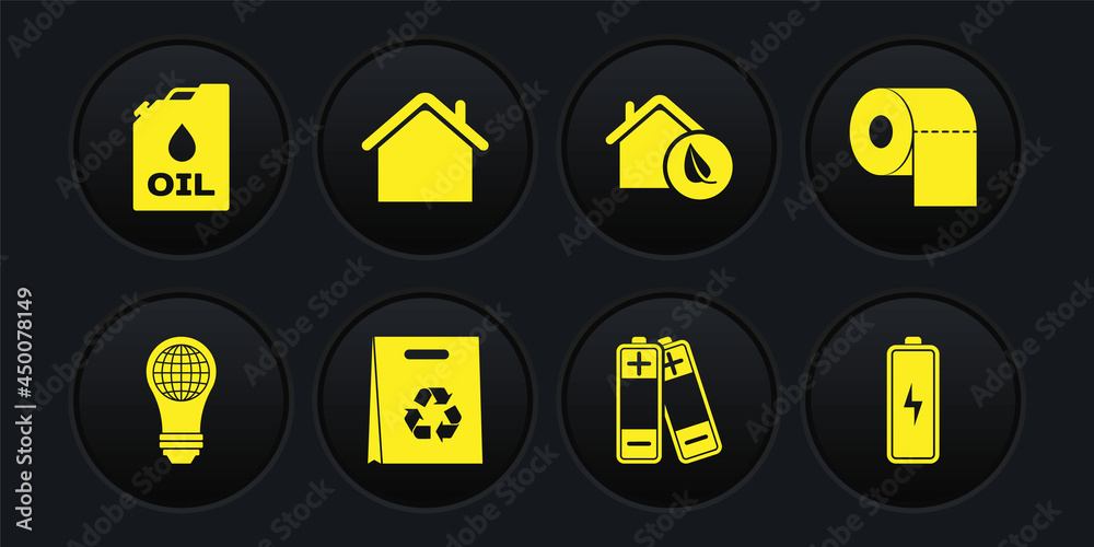 Set Light bulb with world globe, Toilet paper roll, Shopping bag recycle, Battery, Eco friendly house, House, and Canister machine icon. Vector Set Light bulb with world globe, Toilet paper roll, Shopping bag recycle, Battery, Eco friendly house, House, and Canister machine icon. Vector
