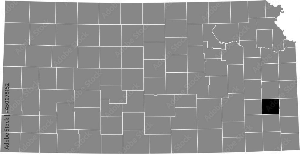 Black highlighted location map of the Allen County inside gray map of the Federal State of Kansas, USA