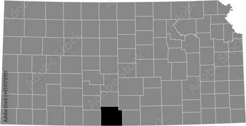 Black highlighted location map of the Barber County inside gray map of the Federal State of Kansas, USA