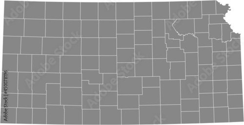Gray vector map of the Federal State of Kansas, USA with white borders of its counties