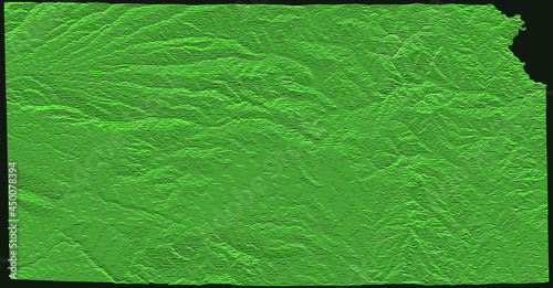 Topographic military radar tactical map of the Federal State of Kansas, USA with emerald green contour lines on dark green background