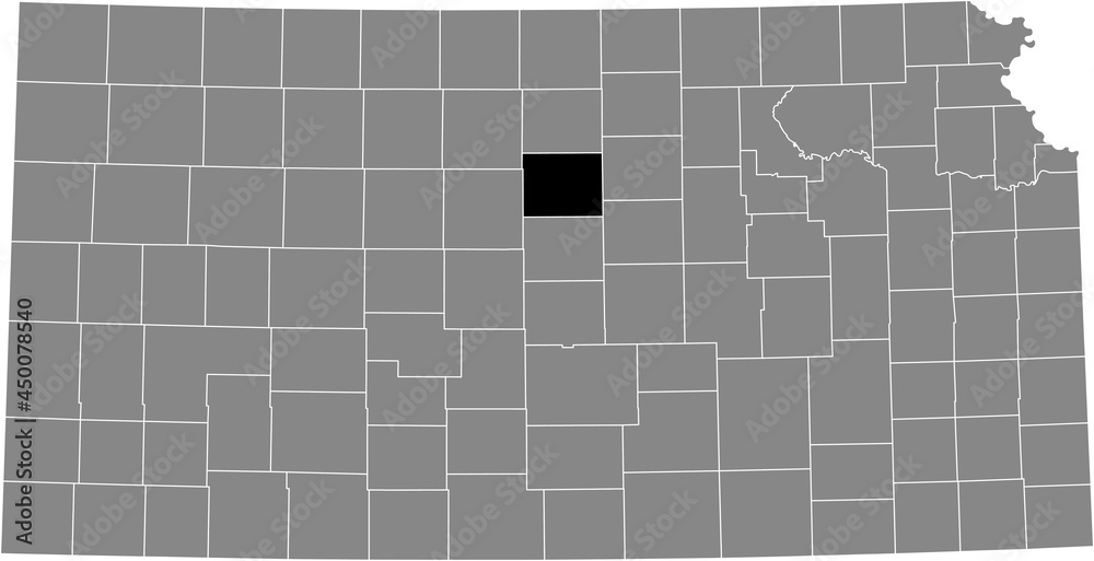 Black highlighted location map of the Lincoln County inside gray map of the Federal State of Kansas, USA