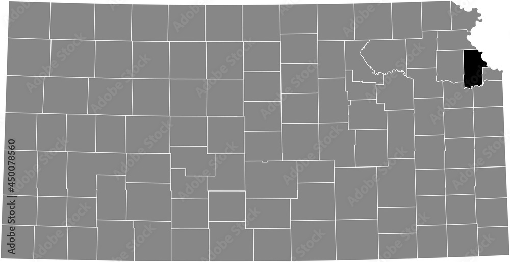Black highlighted location map of the Leavenworth County inside gray map of the Federal State of Kansas, USA