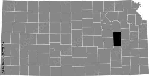 Black highlighted location map of the Lyon County inside gray map of the Federal State of Kansas, USA