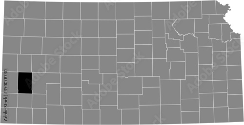 Black highlighted location map of the Kearny County inside gray map of the Federal State of Kansas, USA