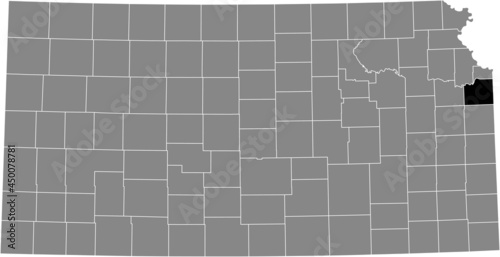 Black highlighted location map of the Johnson County inside gray map of the Federal State of Kansas, USA