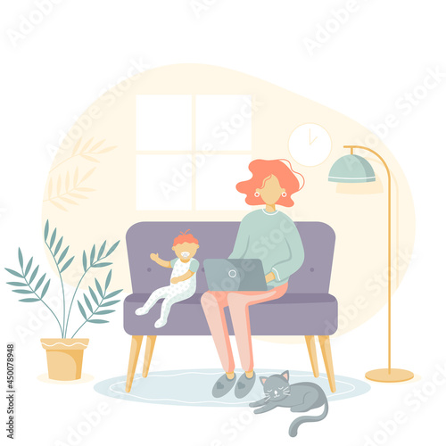 Young mother sitting on the sofa with kid and working on laptop from home. Female freelance worker with child at workplace. Maternity and career. Vector flat illustration.