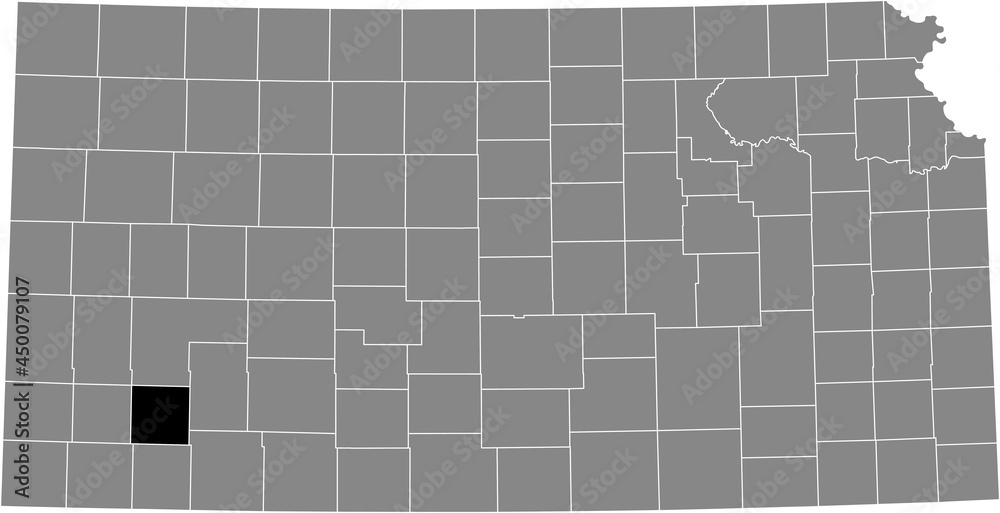 Black highlighted location map of the Haskell County inside gray map of the Federal State of Kansas, USA