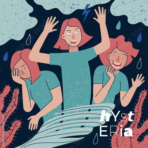 Hysteria disorder ungovernable emotional excess and temporary mind or emotion state abstract banner. Visualization psychedelic human mental and behavioral illness. Psychiatry and psychology problems