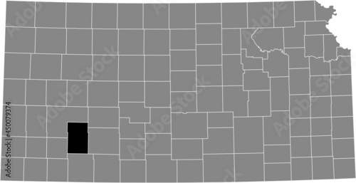 Black highlighted location map of the Gray County inside gray map of the Federal State of Kansas, USA