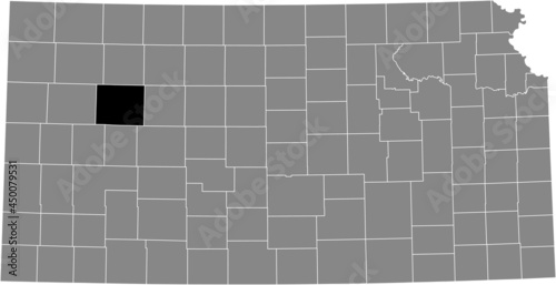 Black highlighted location map of the Gove County inside gray map of the Federal State of Kansas, USA