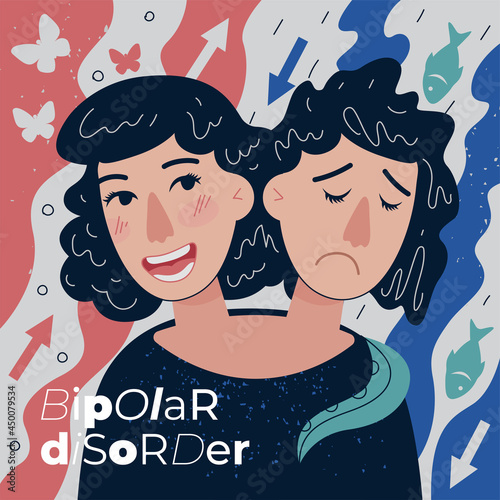 Bipolar disorder abstract banner. Visualization psychedelic human emotion mania, depression and abnormally elevated mood. Manic mental health issues. Psychiatry and psychology illness vector poster