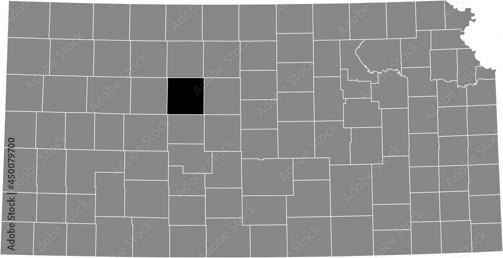 Black highlighted location map of the Ellis County inside gray map of the Federal State of Kansas, USA
