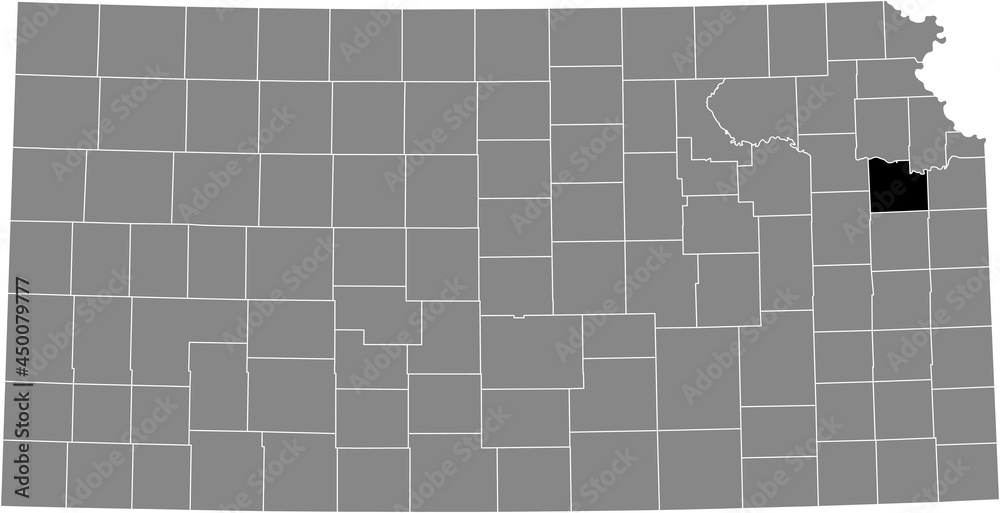 Black highlighted location map of the Douglas County inside gray map of the Federal State of Kansas, USA