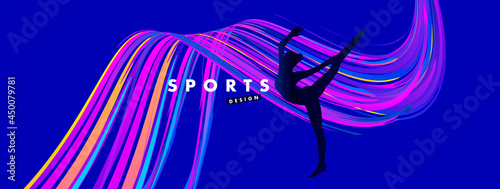 Abstract poster with silhouette of ice skating girl, or gymnastics athlete, dynamic striped wave on the blue background