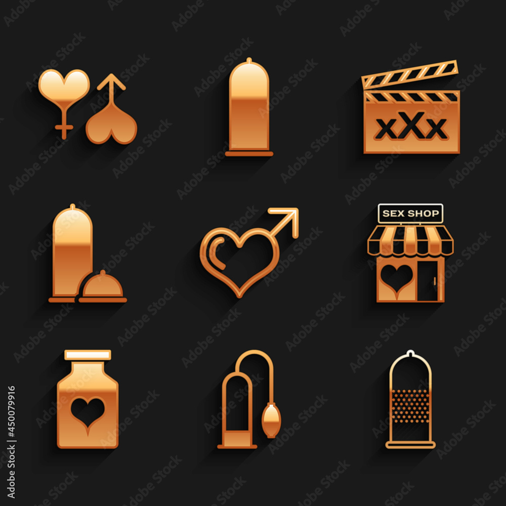 Set Male gender and heart, Penis pump, Condom safe sex, Sex shop building,  Bottle with pills for potency, Condoms, Movie clapper and female icon.  Vector Stock Vector | Adobe Stock