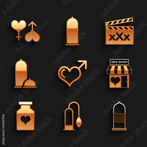 Set Male gender and heart, Penis pump, Condom safe sex, Sex shop building, Bottle with pills for potency, Condoms, Movie clapper and female icon. Vector