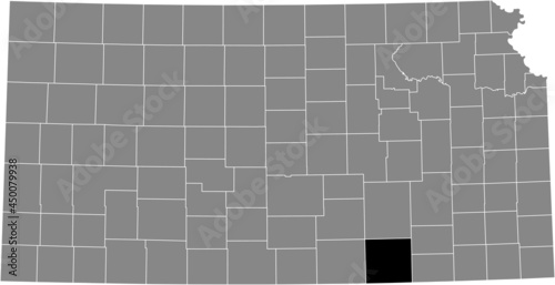 Black highlighted location map of the Cowley County inside gray map of the Federal State of Kansas, USA