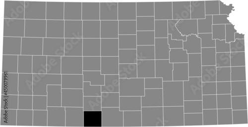 Black highlighted location map of the Comanche County inside gray map of the Federal State of Kansas, USA