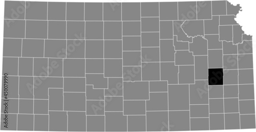 Black highlighted location map of the Coffey County inside gray map of the Federal State of Kansas, USA