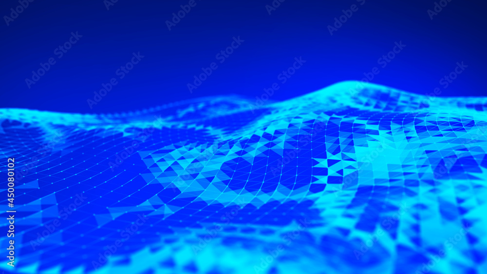 Digital technology background. Abstract dynamic wave of connected dots and lines on dark background. Wave of bright particles. Big data. 3d rendering. Digital technology background. Abstract dynamic wave of connected dots and lines on dark background. Wave of bright particles. Big data. 3d rendering.